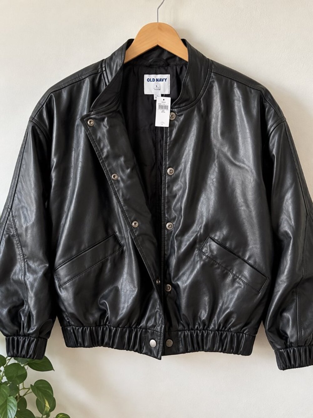 Old Navy Black Faux Leather Bomber Jacket Moto Snap Front Y2K Size S
